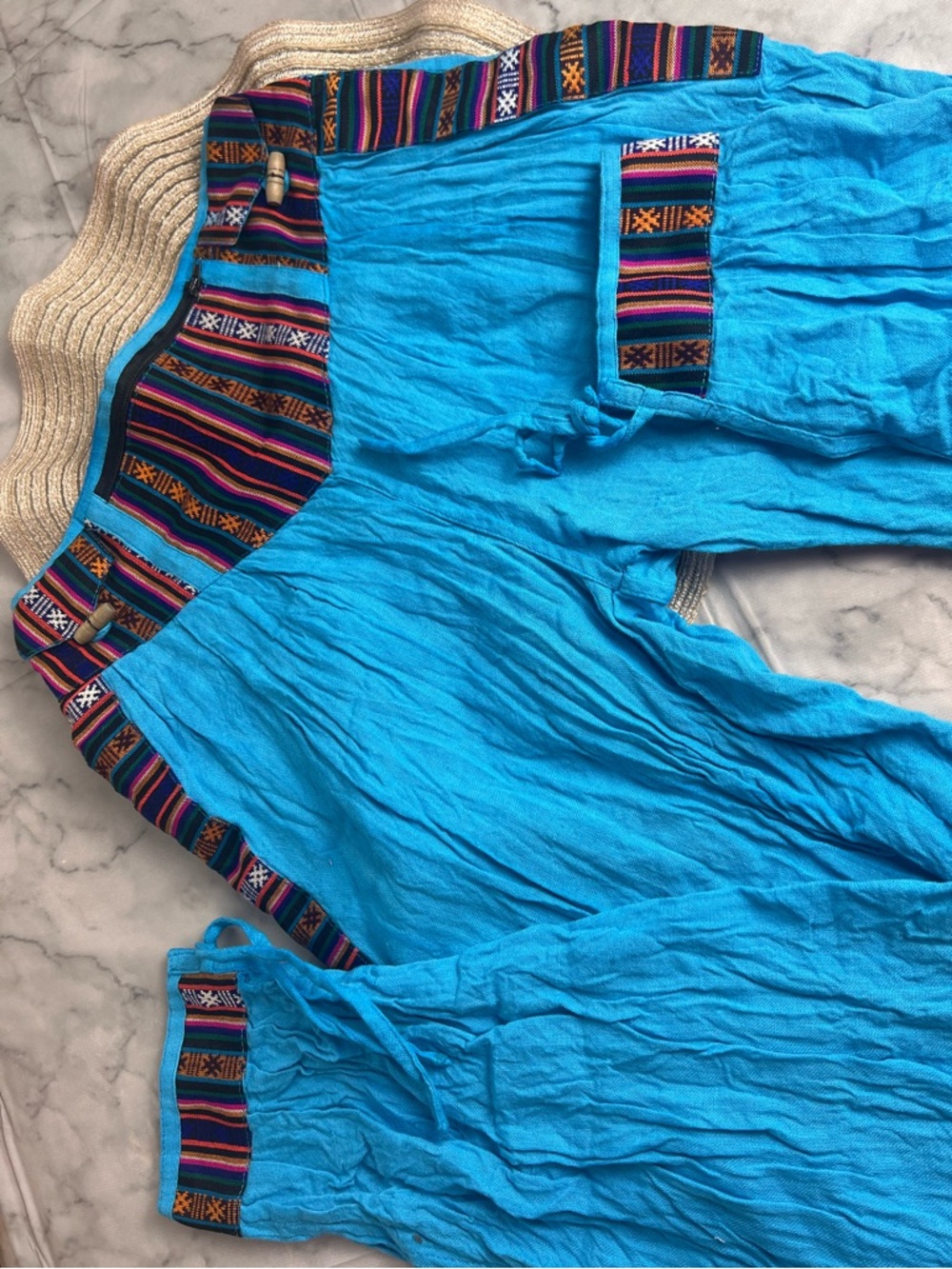 Nepal Baroque Waist Brightest Blue 100% Cotton Ankle Tie Useful Pockets Boho